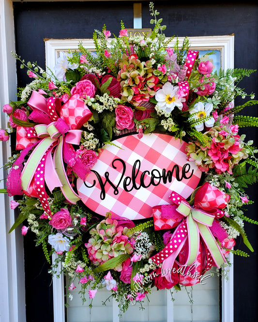 Hot Pink & Green Spring Hydrangea Front Door Wreath- Pink Plaid Welcome Wreath