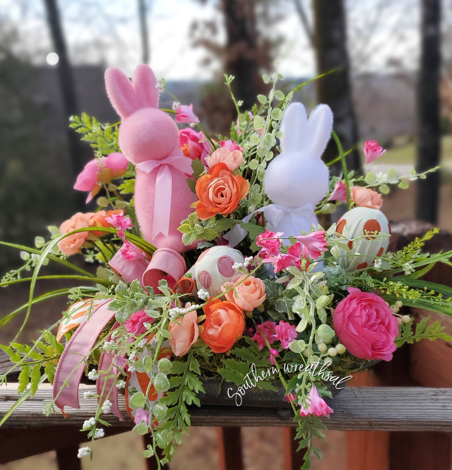 Flocked Bunnies Spring Pink & Orange Easter Arrangement
