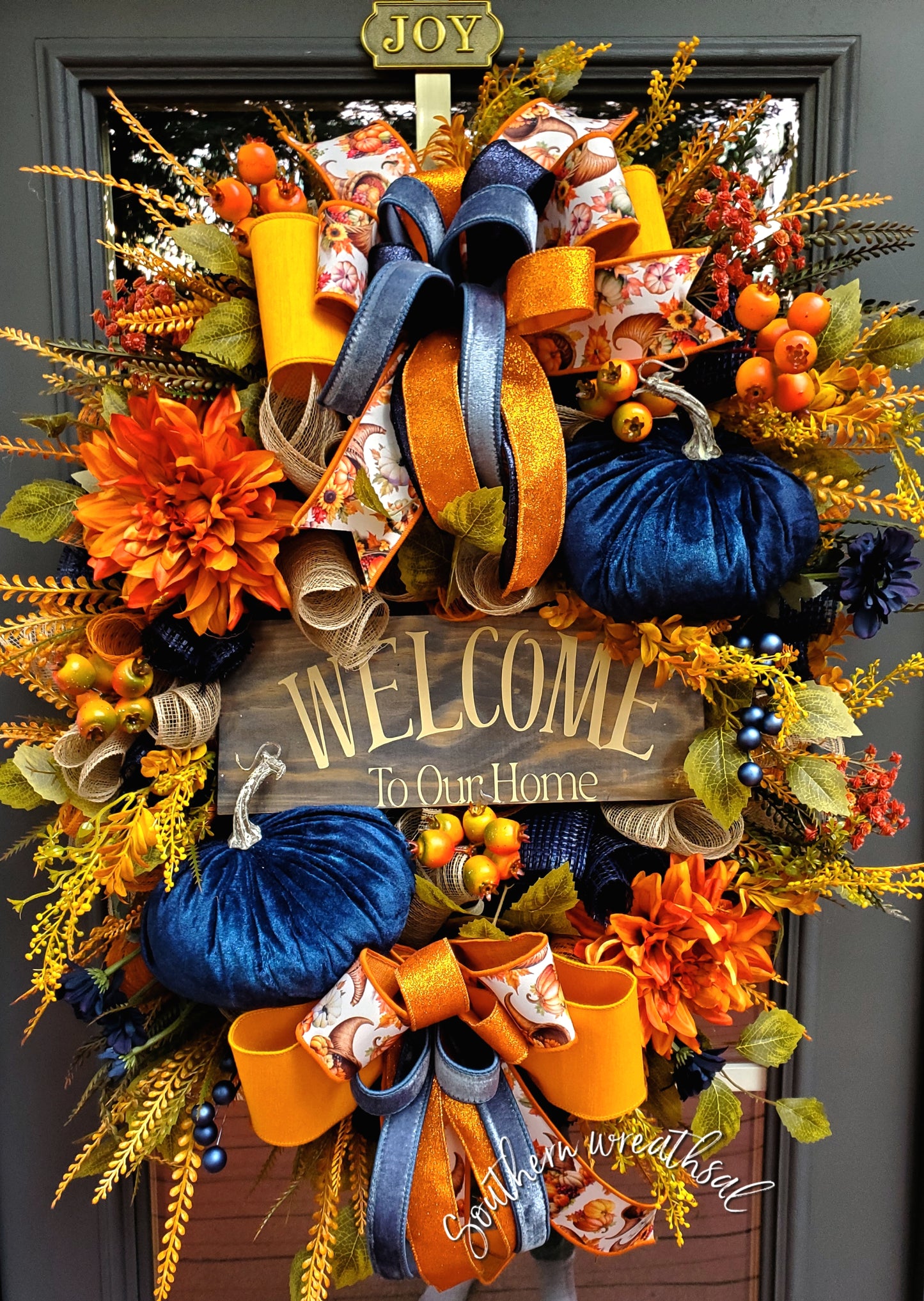 Deluxe Fall Front Door Wreath- Welcome To Our Home- Orange &Navy Blue | Thanksgiving Statement Wreath