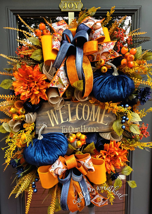 Deluxe Fall Front Door Wreath- Welcome To Our Home- Orange &Navy Blue | Thanksgiving Statement Wreath