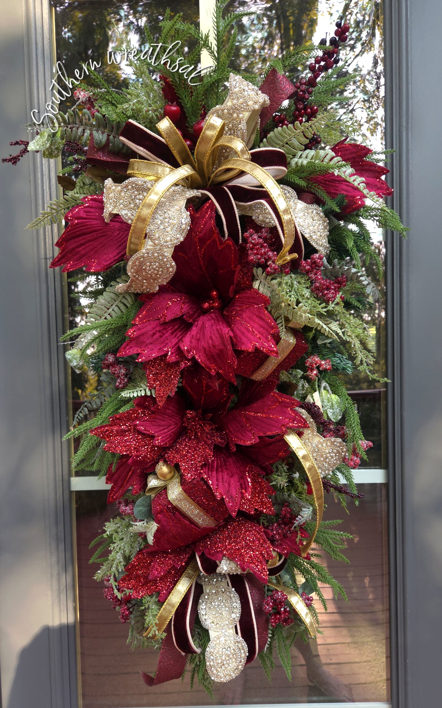 Elegant Burgundy & Gold Christmas Poinsettia Front Door Swag