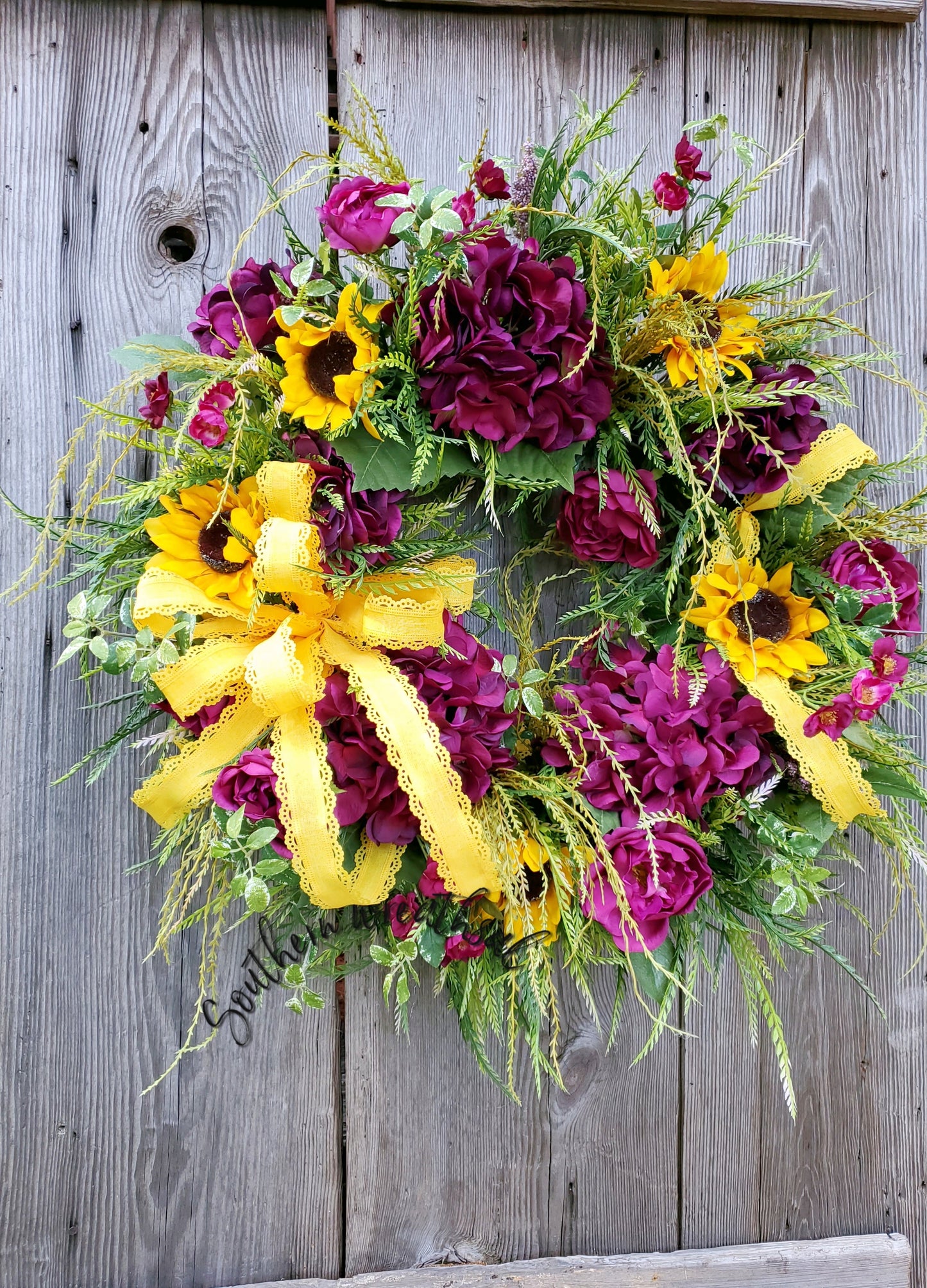 Fall Purple and Yellow Hydrangea Grapevine Wreath