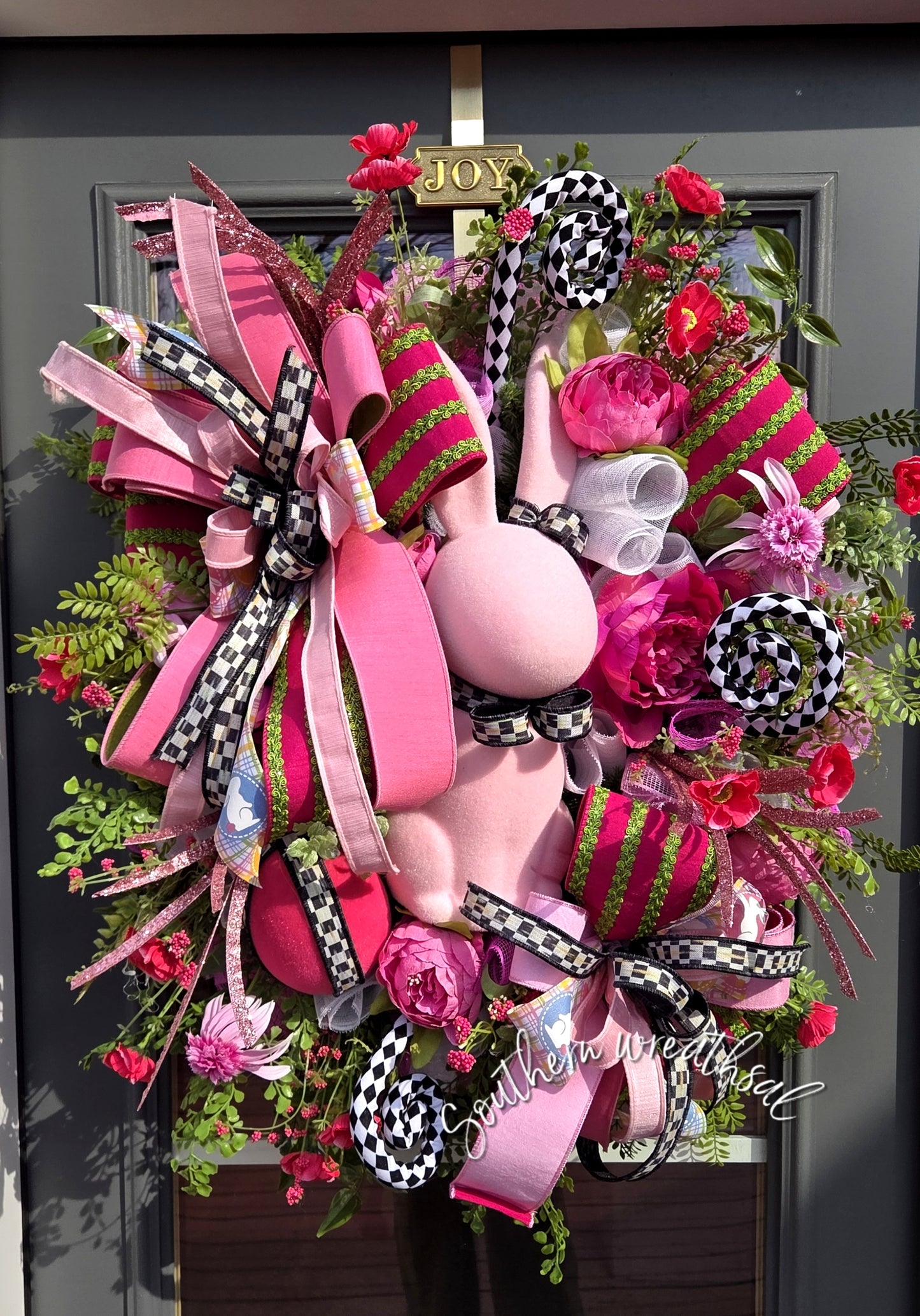 Pink Flocked Easter Bunny Wreath, Hot Pink Peony Door Decor