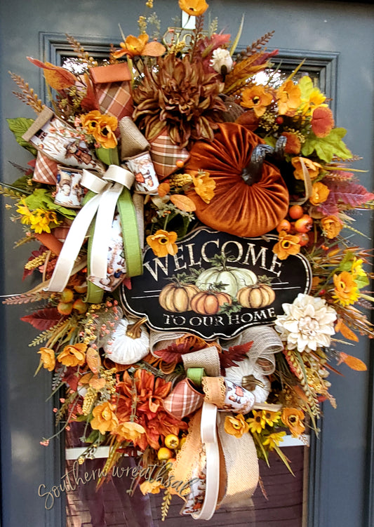Welcome to Our Home Deluxe Fall Pumpkin Patch Wreath with Velvet Pumpkins, Dahlias, Gold Poppies
