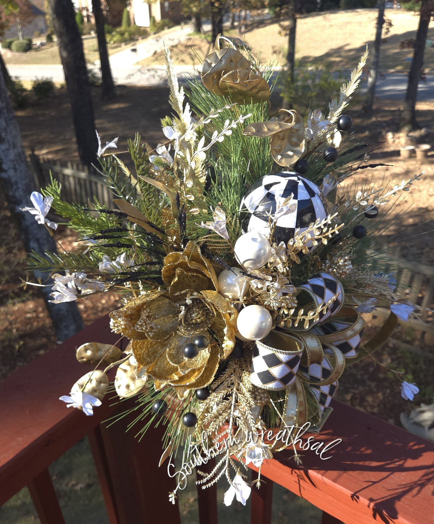 Luxe Gold Black & White Christmas Poinsettia Floral Arrangement