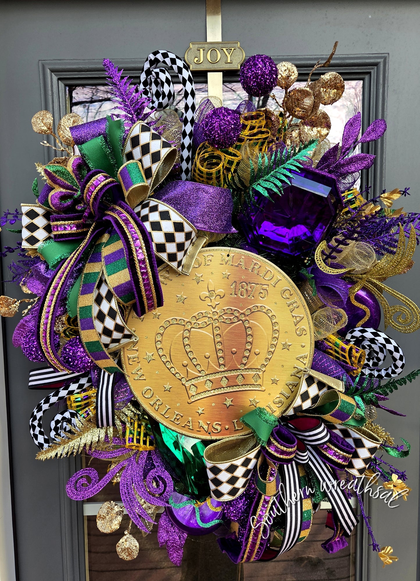 Deluxe Mardi Gras Medallion Wreath - Purple Green and Gold Mardi Gras Decor