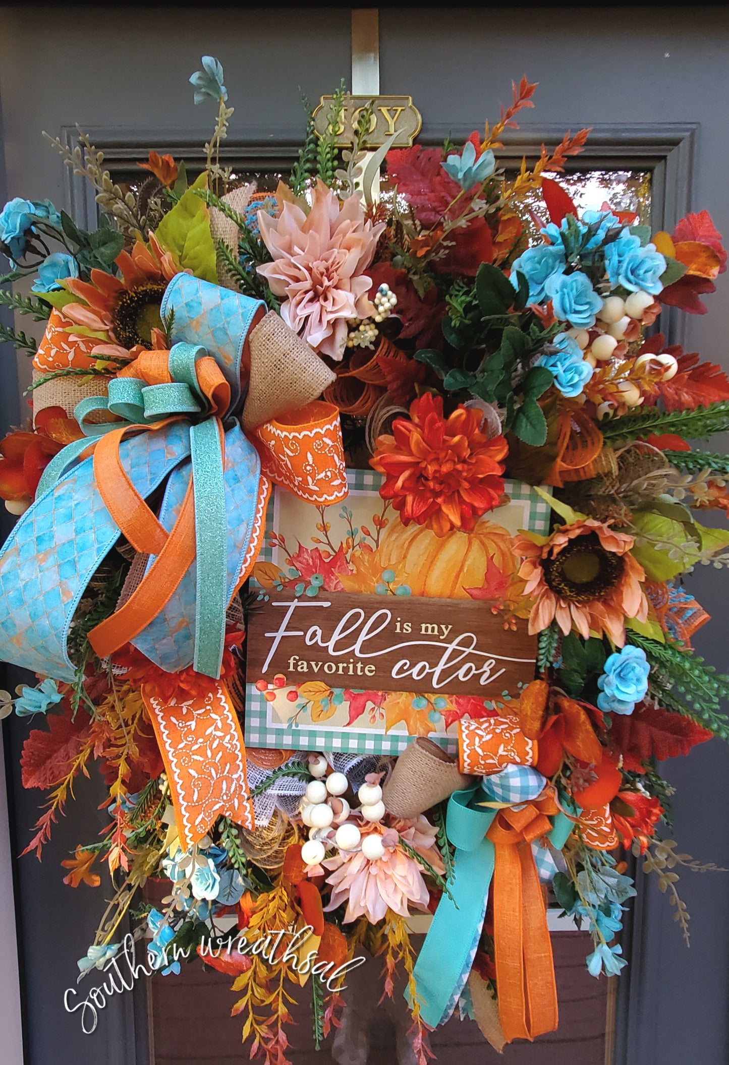 "Fall is my Favorite Color" Orange & Turquoise Front Door Wreath
