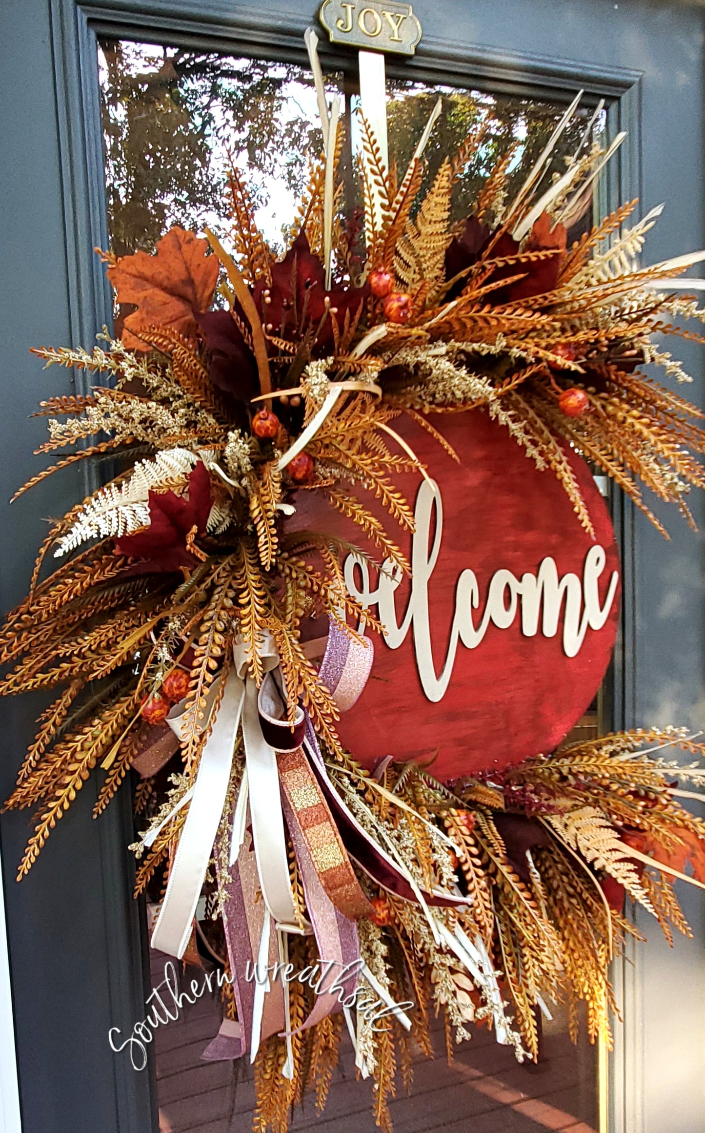 Deluxe Burgundy Fall Welcome Floral Door Wreath | Autumn Door Hanger