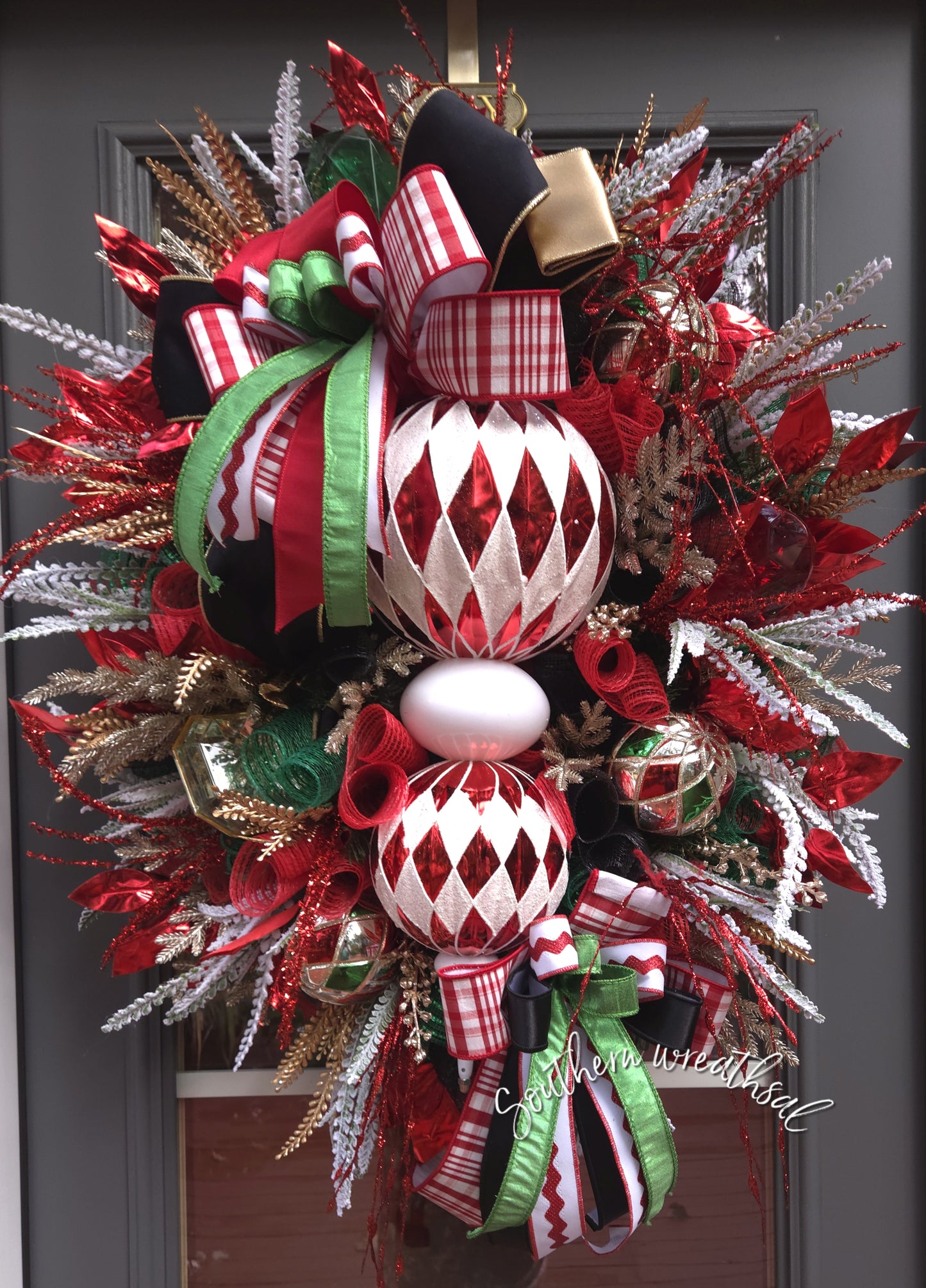 Elegant Red, White and Black Christmas Finial Door Wreath