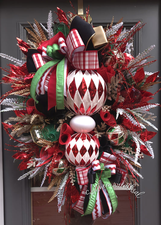 Elegant Red, White and Black Christmas Finial Door Wreath