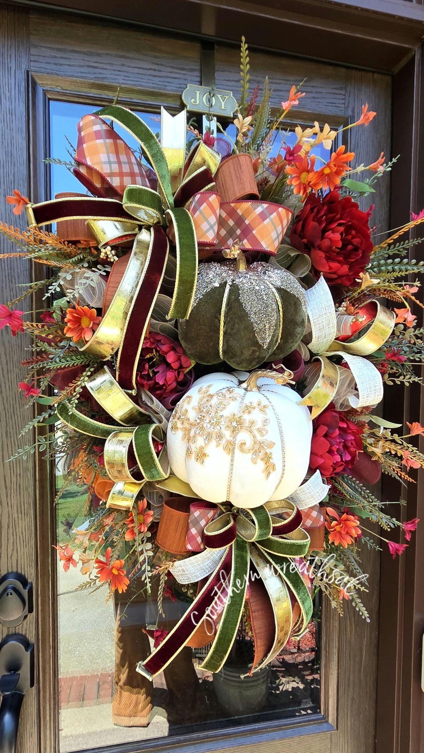 Deluxe Cream & Olive Velvet Pumpkin Fall Wreath – 38" Luxury Autumn Door Wreath