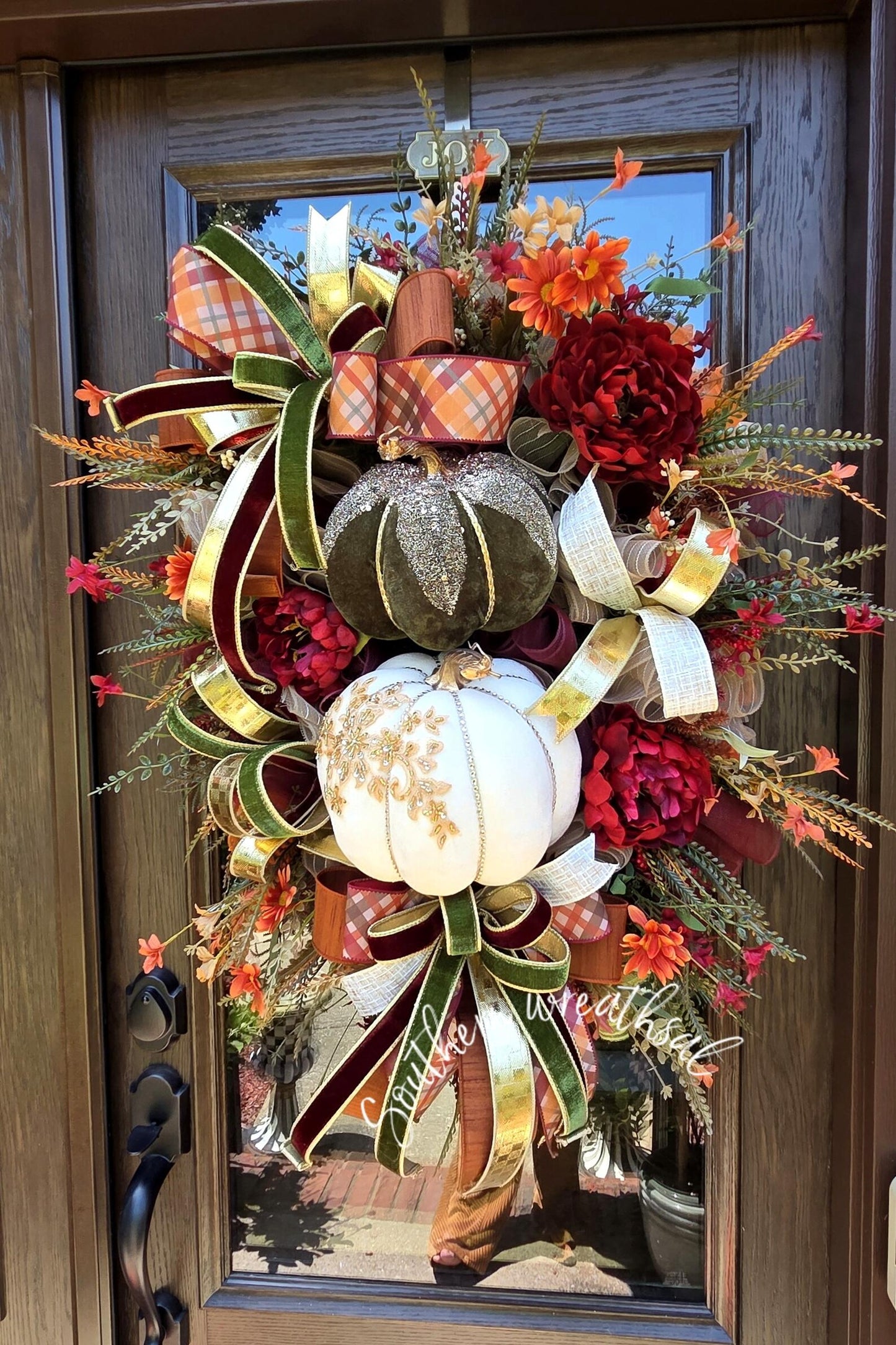 Deluxe Cream & Olive Velvet Pumpkin Fall Wreath – 38" Luxury Autumn Door Wreath