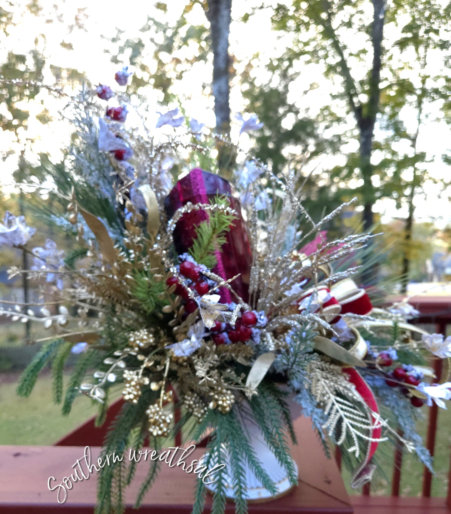 Elegant Christmas Velvet Burgundy Magnolia & Jewel Holiday Centerpiece