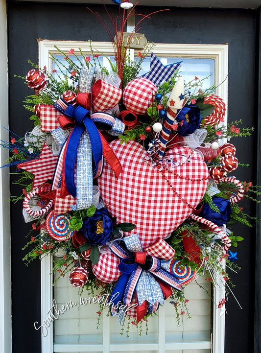 Patriotic Red Heart Door Wreath- Red Gingham Check