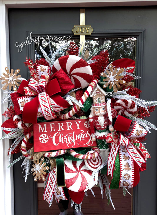 Christmas Gingerbread & Peppermint Candy Nutcracker Front Door Wreath