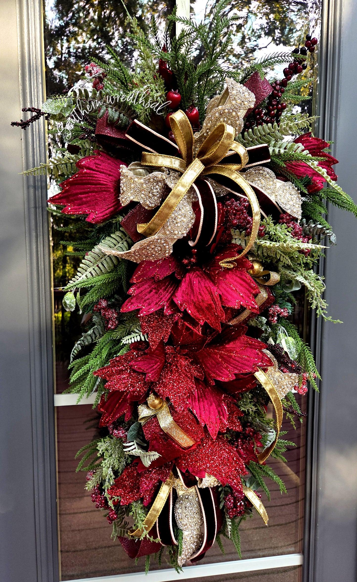 Elegant Burgundy & Gold Christmas Poinsettia Front Door Swag