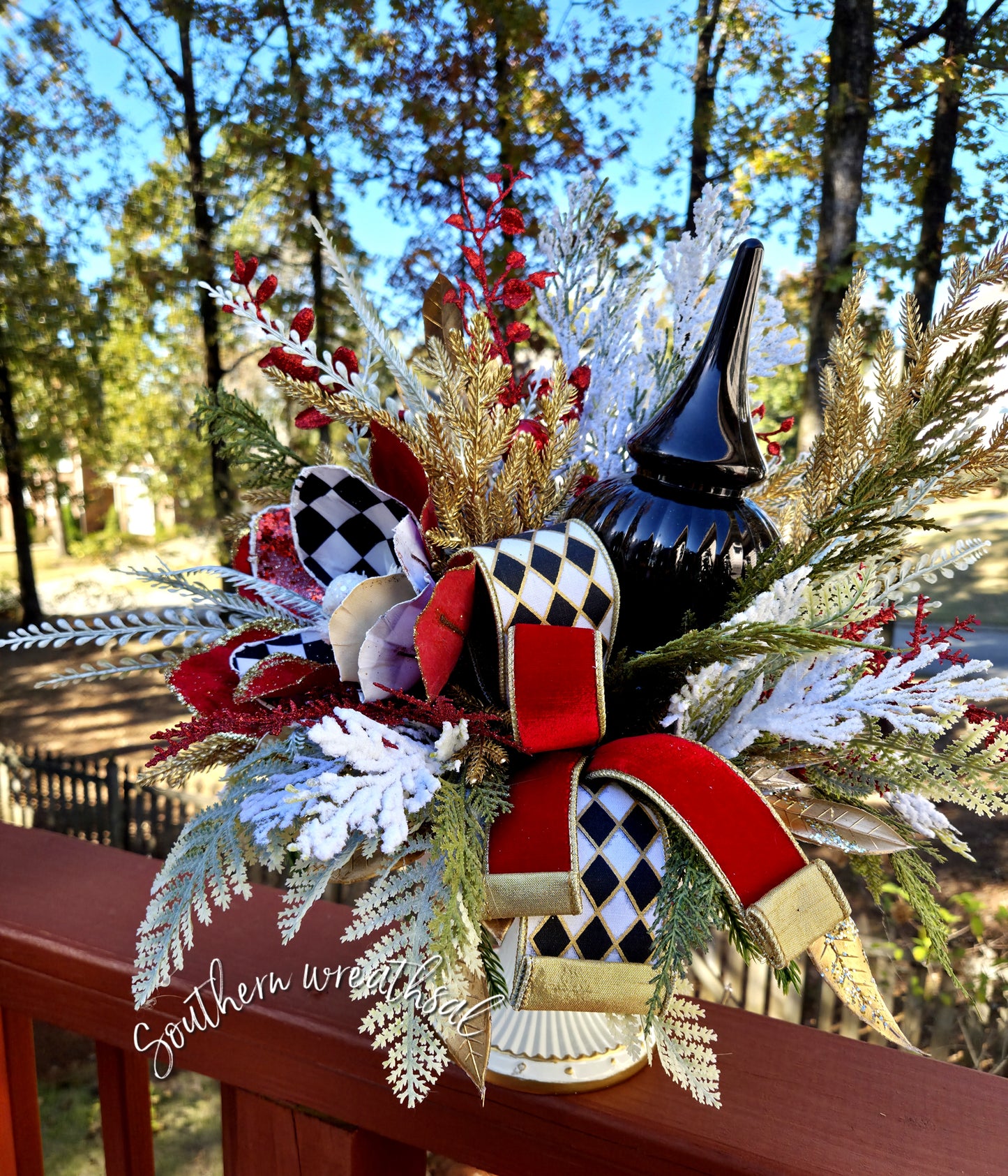 Red Velvet Harlequin Magnolia Christmas Floral Arrangement