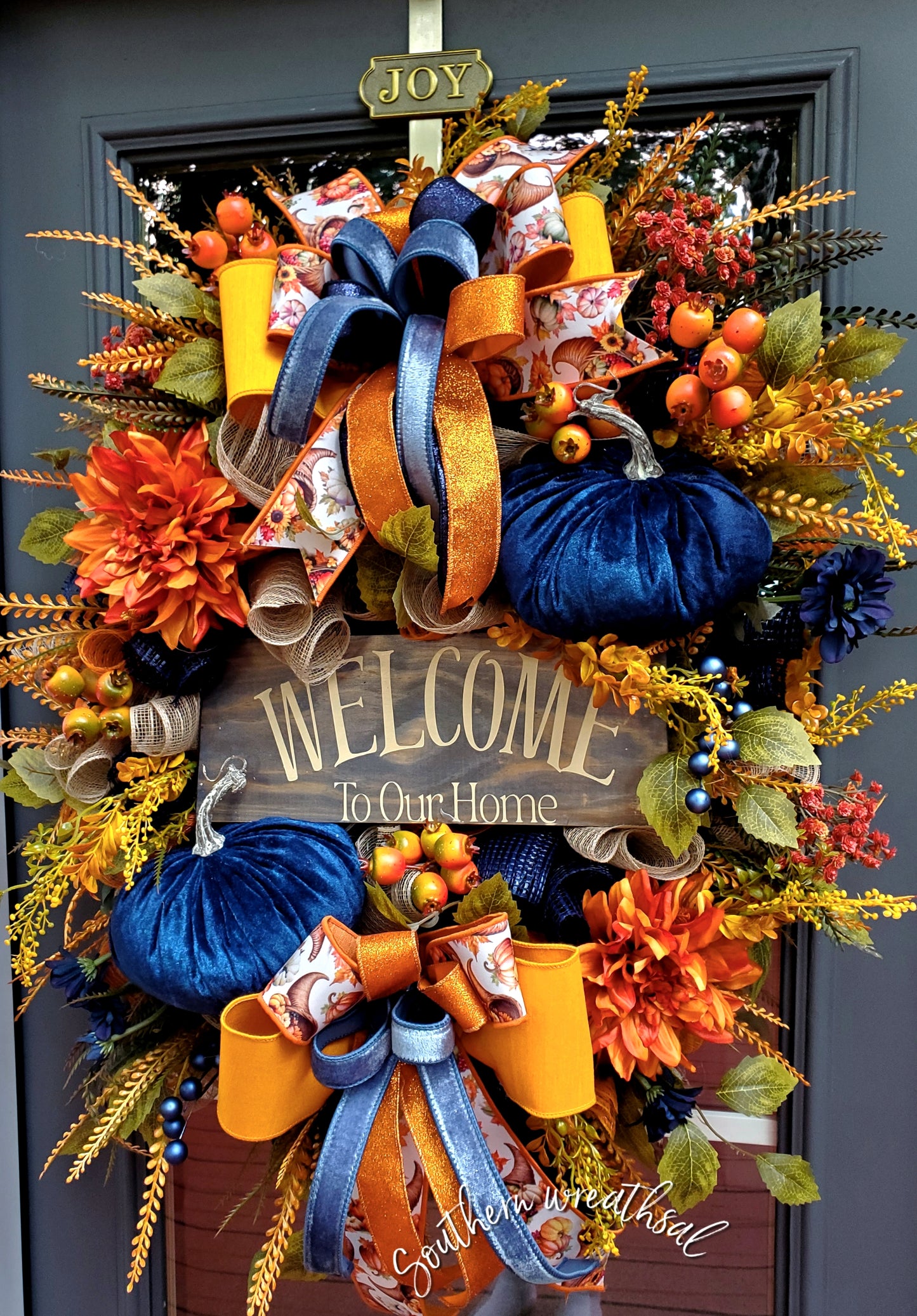 Deluxe Fall Front Door Wreath- Welcome To Our Home- Orange &Navy Blue | Thanksgiving Statement Wreath