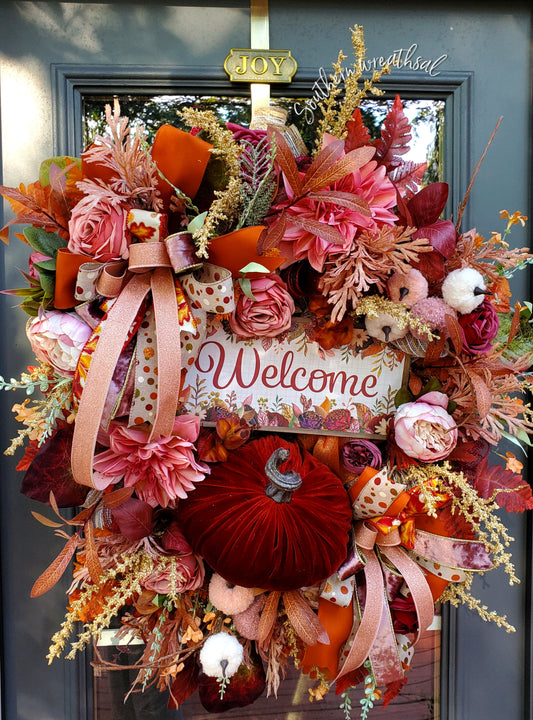 Deluxe Velvet Pumpkin Fall "Welcome" Door Wreath- Burgundy, Orange and Mauve