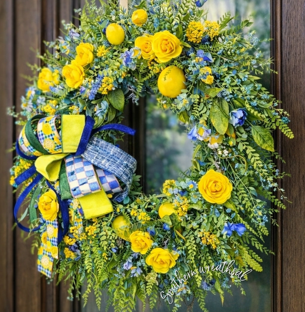 Yellow & Blue Summer Lemon Floral GreeneryDoor  Wreath