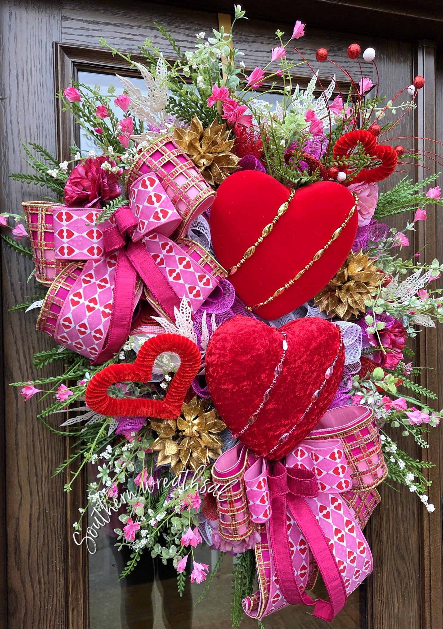 Double Red Velvet Heart Valentine Wreath, Pink & Gold Designer Bow Door Decor, Romantic Front Door Statement Decor, Valentines Decoration