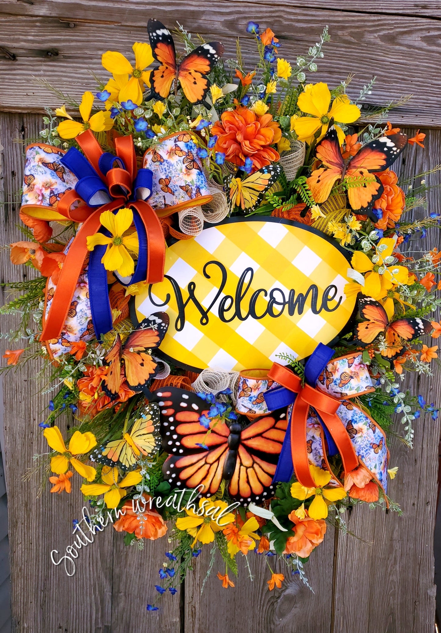 Spring Orange and Yellow Monarch Butterfly Deluxe Front Door Wreath