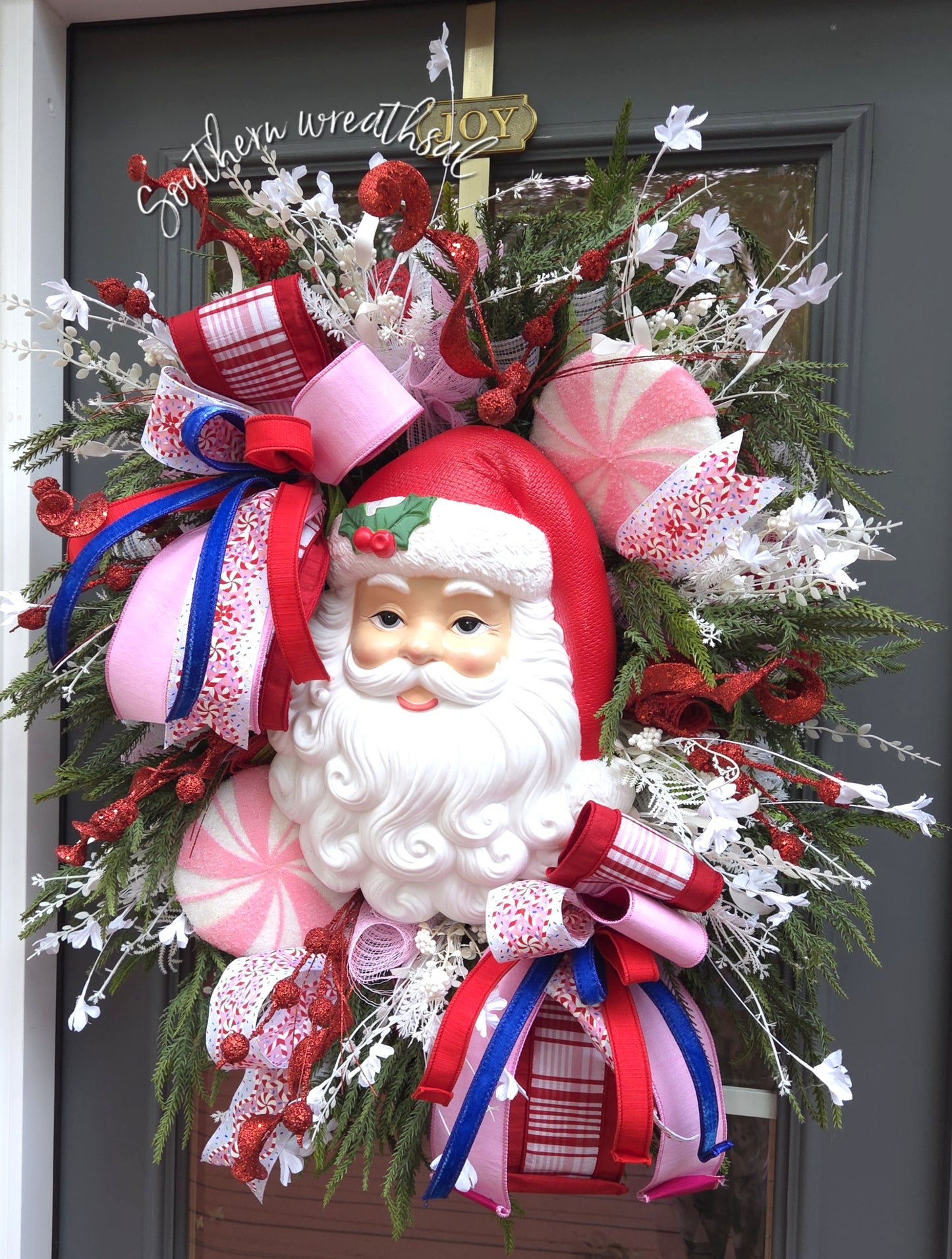Whimsical Red & Pink Vintage Light-Up Santa Door Wreath