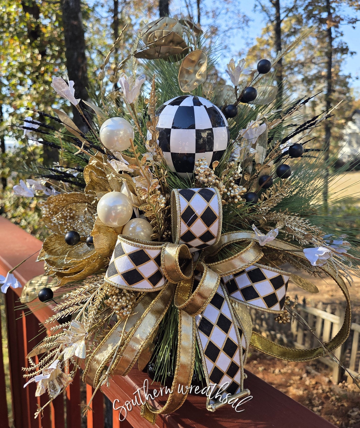 Luxe Gold Black & White Christmas Poinsettia Floral Arrangement