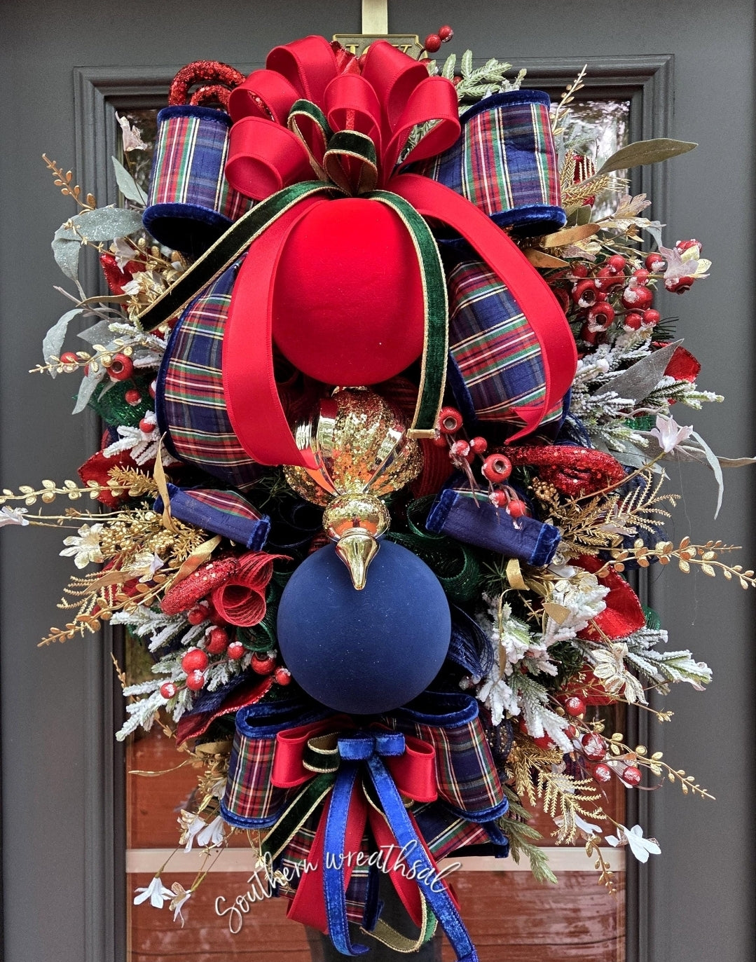 Elegant Blue Plaid Christmas Red, Blue & Gold Holiday Front Door Wreath