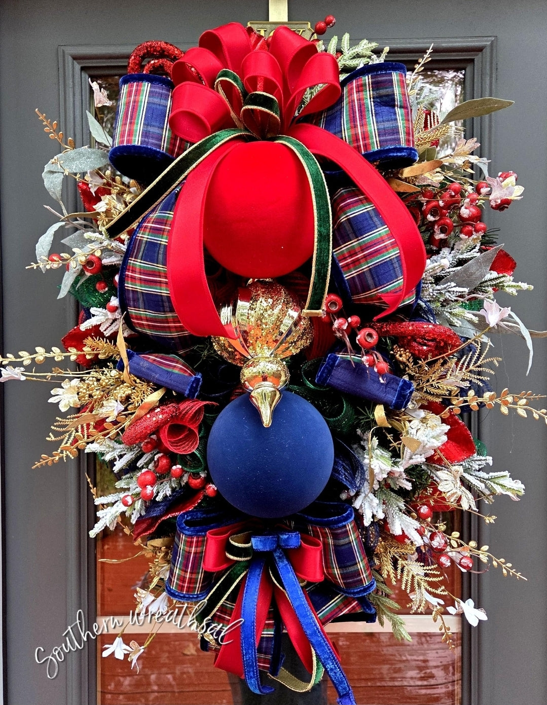 Elegant Blue Plaid Christmas Red, Blue & Gold Holiday Front Door Wreath
