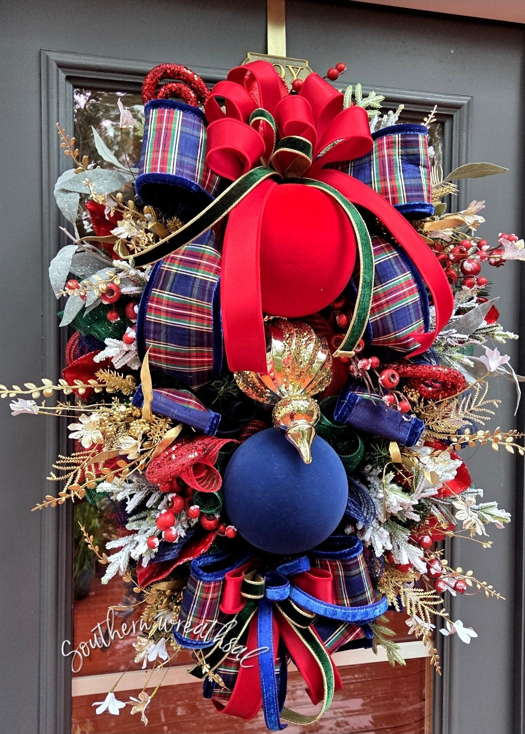 Elegant Blue Plaid Christmas Red, Blue & Gold Holiday Front Door Wreath