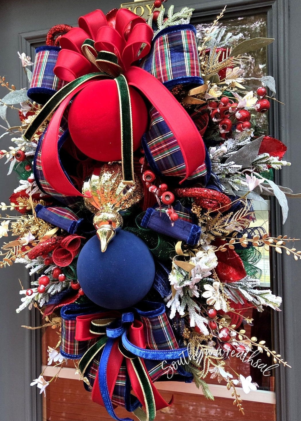 Elegant Blue Plaid Christmas Red, Blue & Gold Holiday Front Door Wreath