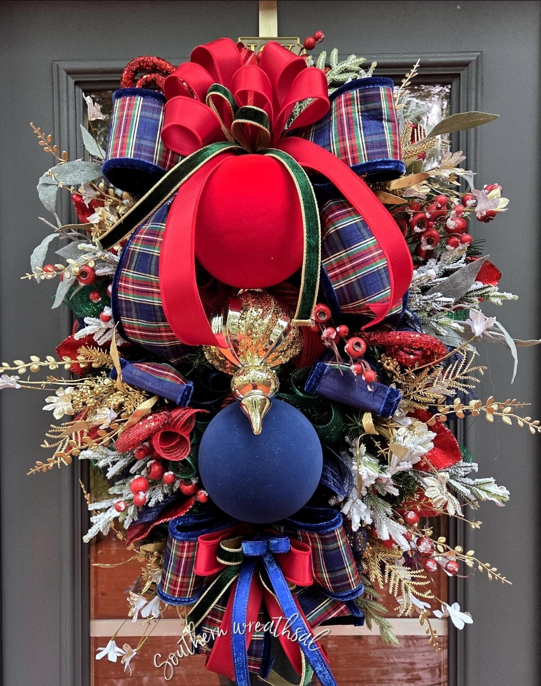 Elegant Blue Plaid Christmas Red, Blue & Gold Holiday Front Door Wreath