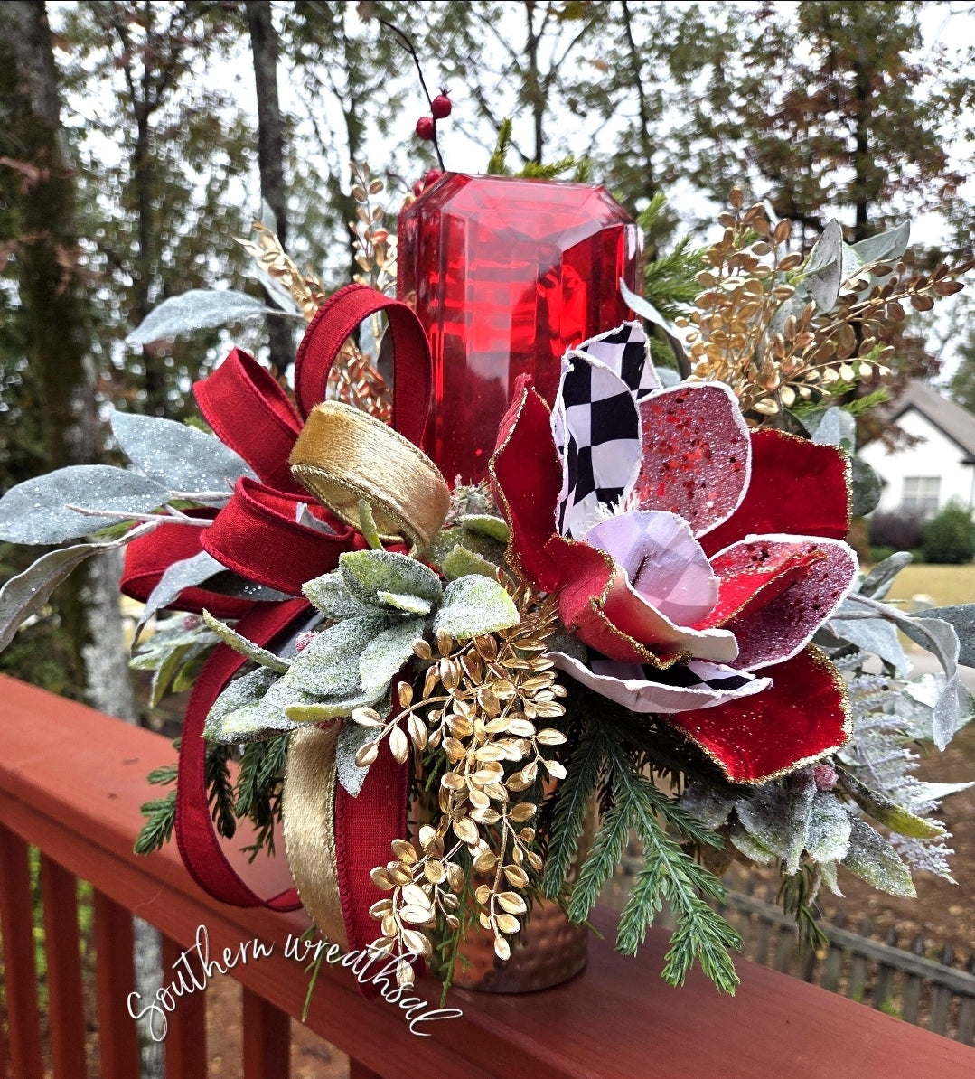 Elegant Red Christmas Jewel & Peony Holiday Table Arrangement