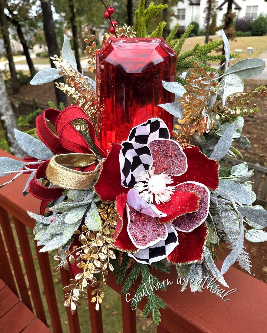 Elegant Red Christmas Jewel & Peony Holiday Table Arrangement