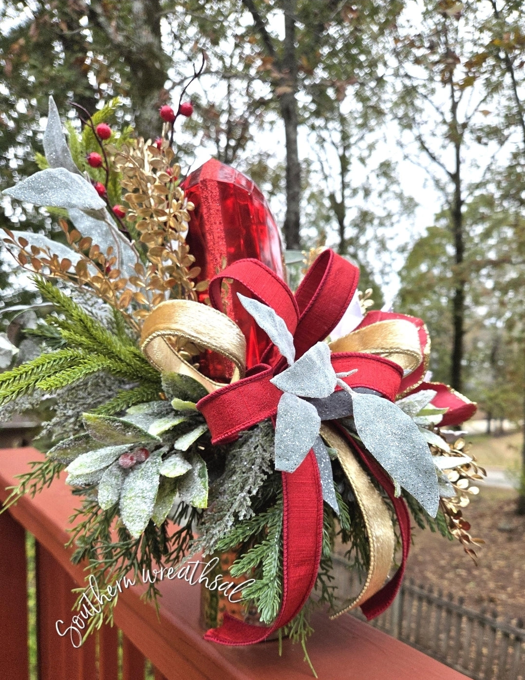 Elegant Red Christmas Jewel & Peony Holiday Table Arrangement