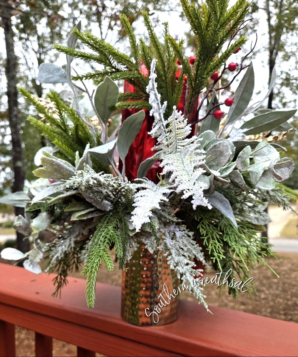 Elegant Red Christmas Jewel & Peony Holiday Table Arrangement