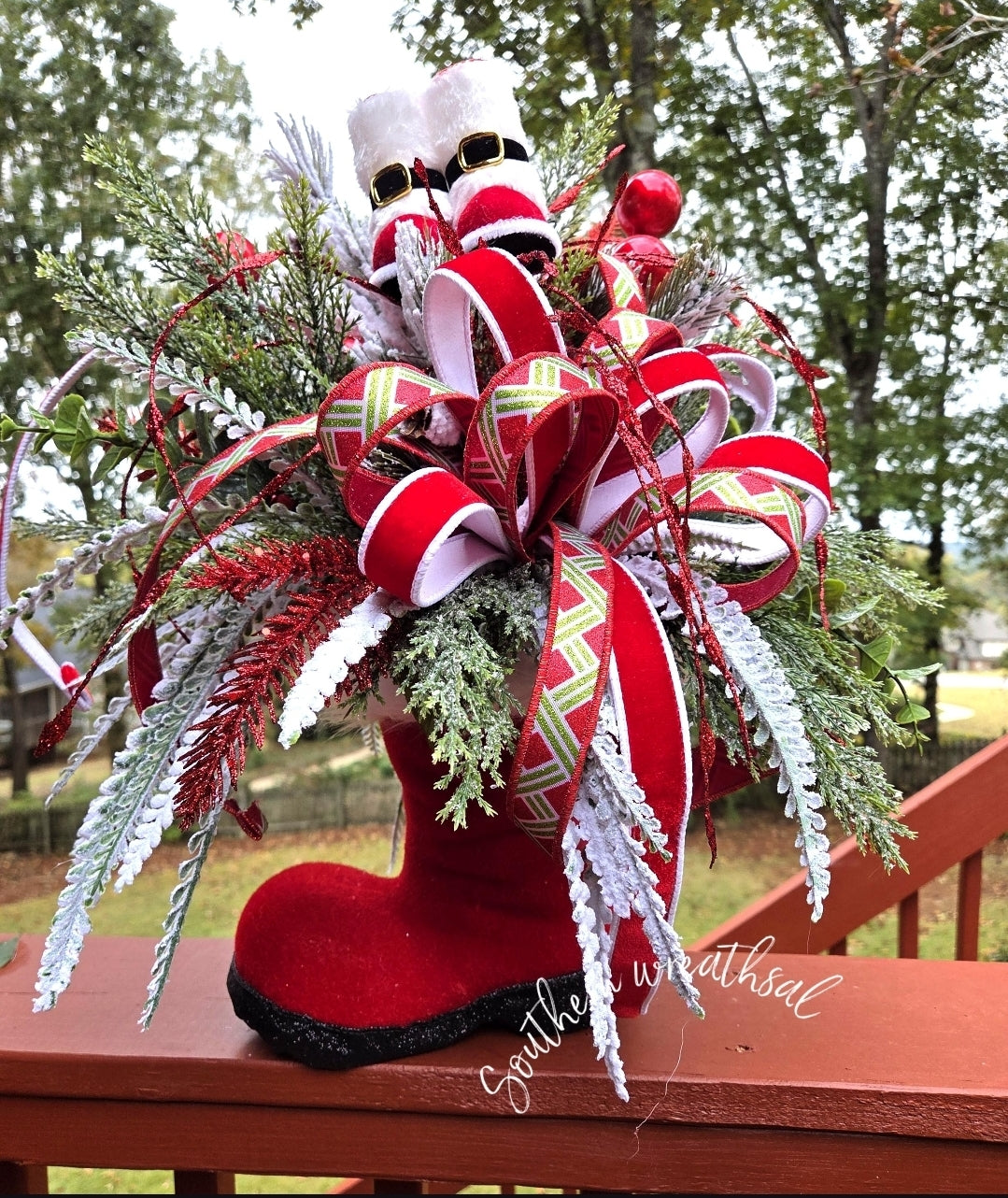 Christmas Red Santa Boot Whimsical Table Centerpiece
