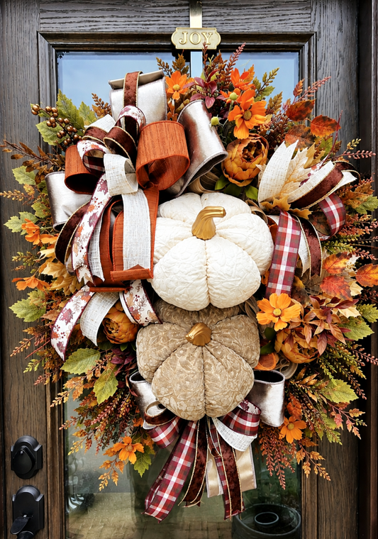 Neutral Fall Double Pumpkin Front Door Wreath