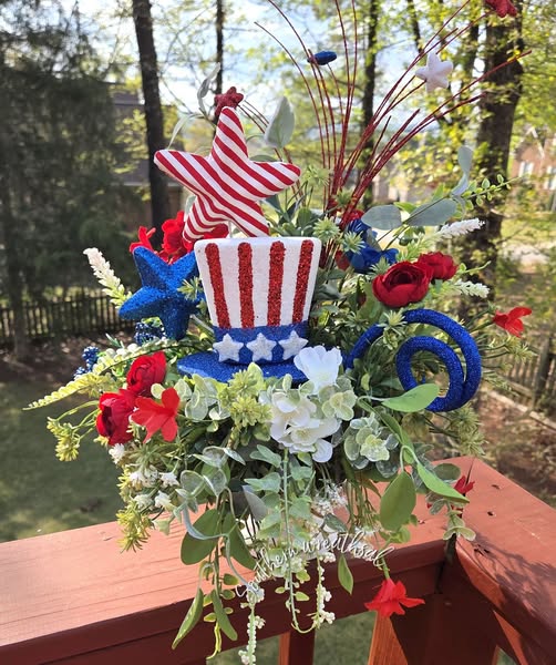 Patriotic Uncle Sam Floral Arrangement – Red White and Blue Centerpiece with Greenery, Fourth of July Decor