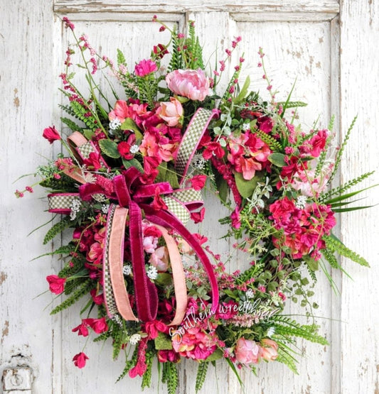 Pink and Peach Hydrangea Wreath – Spring Summer Front Door Wreath with Designer Ribbon Bow, Romantic Floral Decor