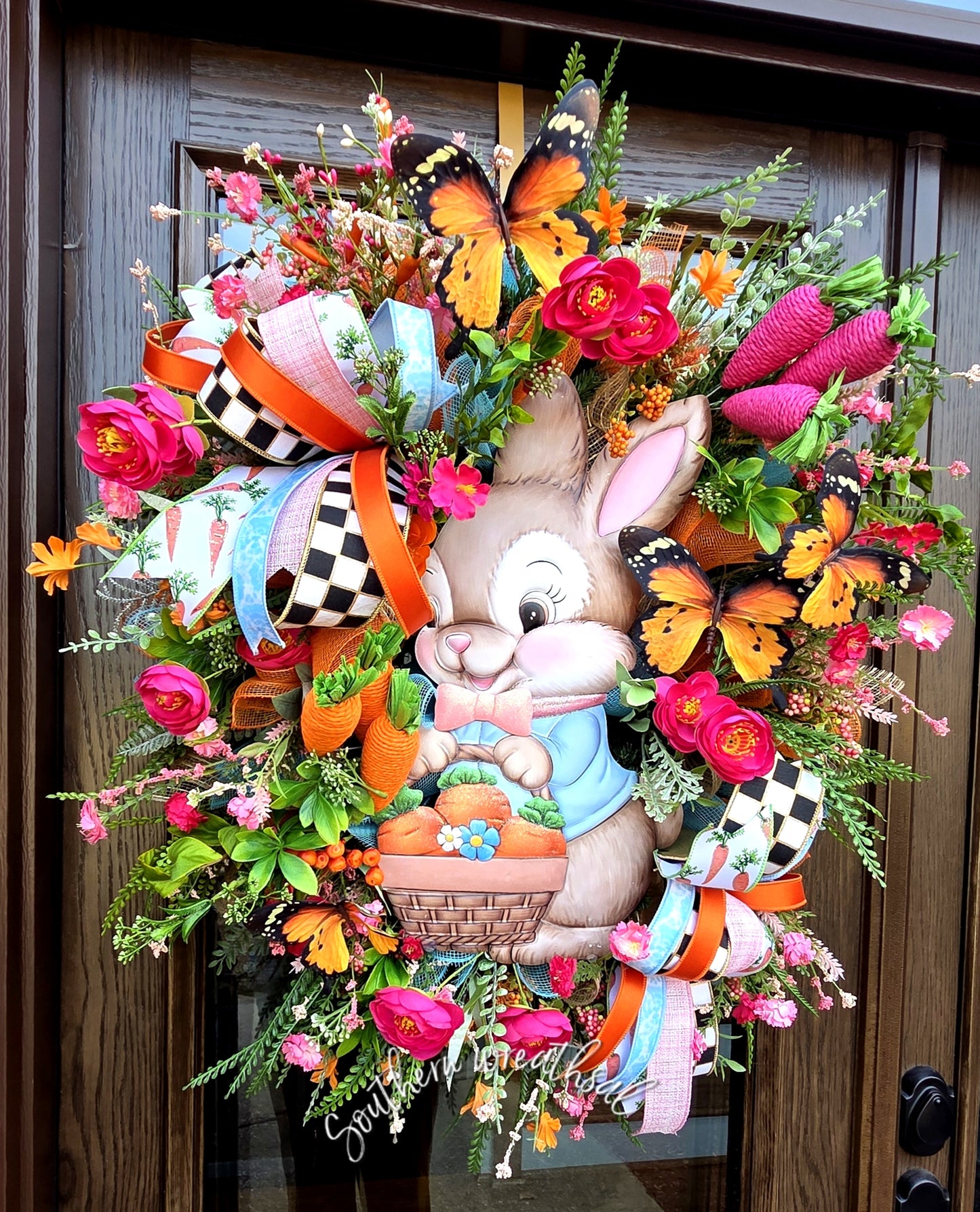 Whimsical Easter Bunny Wreath with Carrot Basket & Butterflies