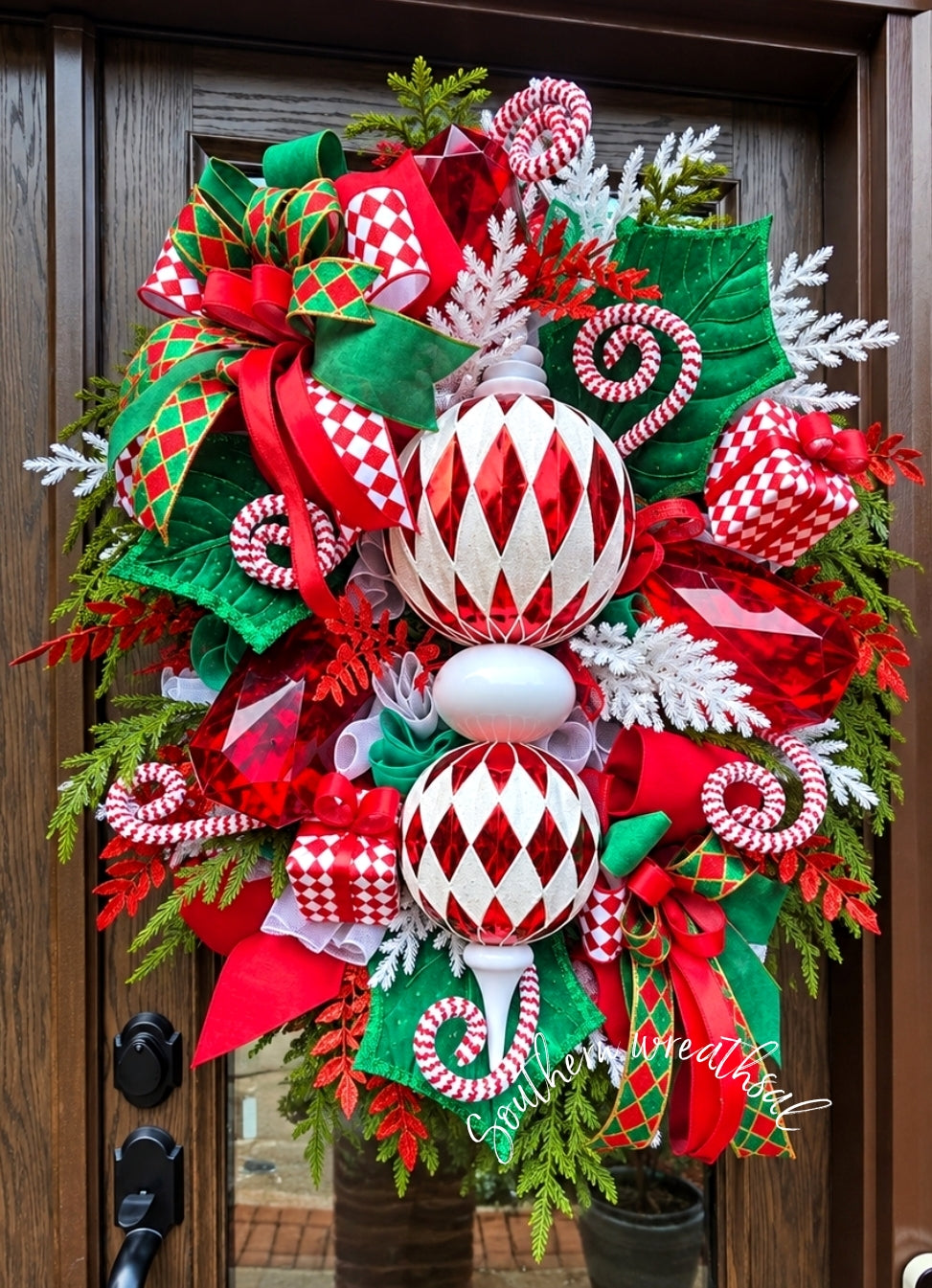 Red White Christmas Wreath, Finial Ornament Wreath