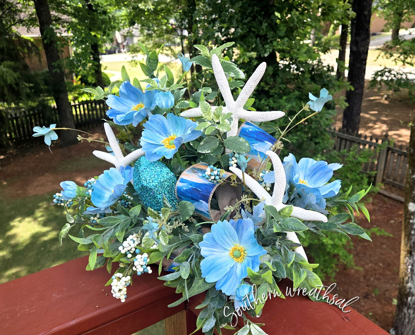 Coastal Blue Floral Dough Bowl Arrangement