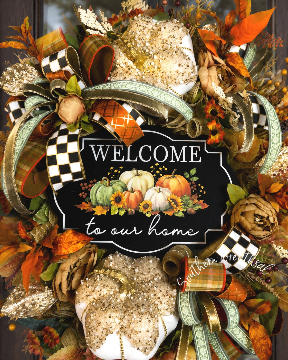 Luxury Jeweled Pumpkin Fall Wreath – Welcome to Our Home Designer Door Wreath