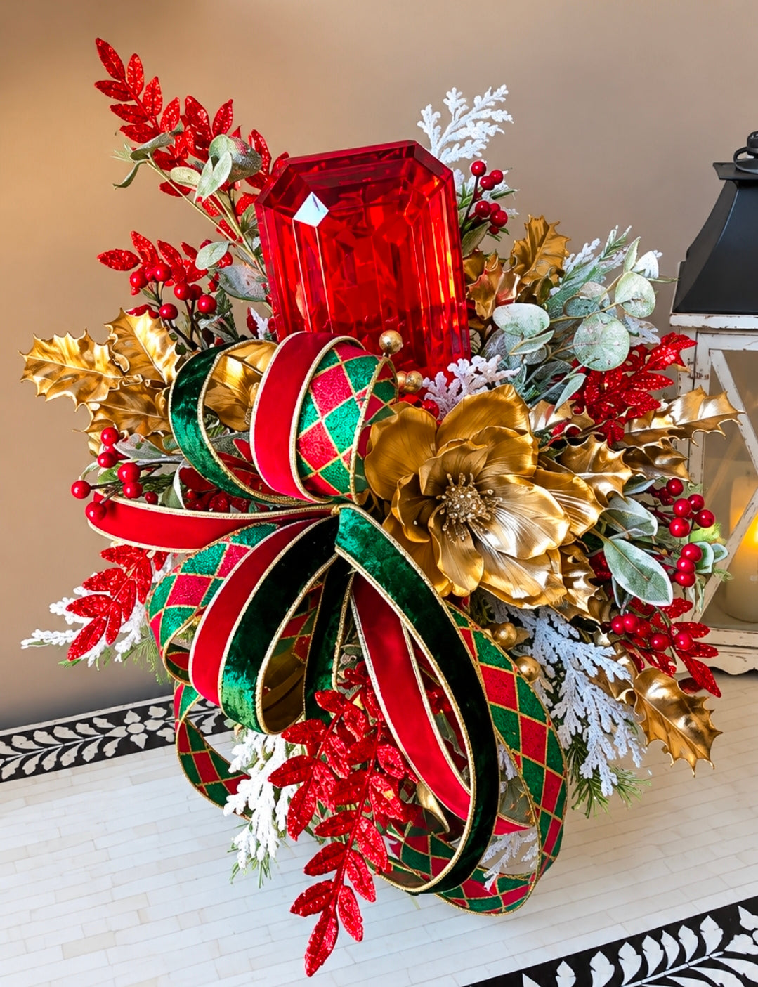 Luxury Red Jewel & Gold Magnolia Christmas Arrangement