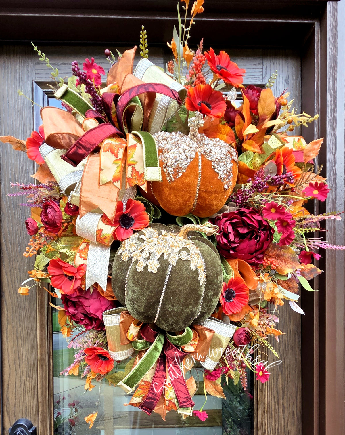 Deluxe Glam Velvet Pumpkin & Jeweled Fall Door Wreath