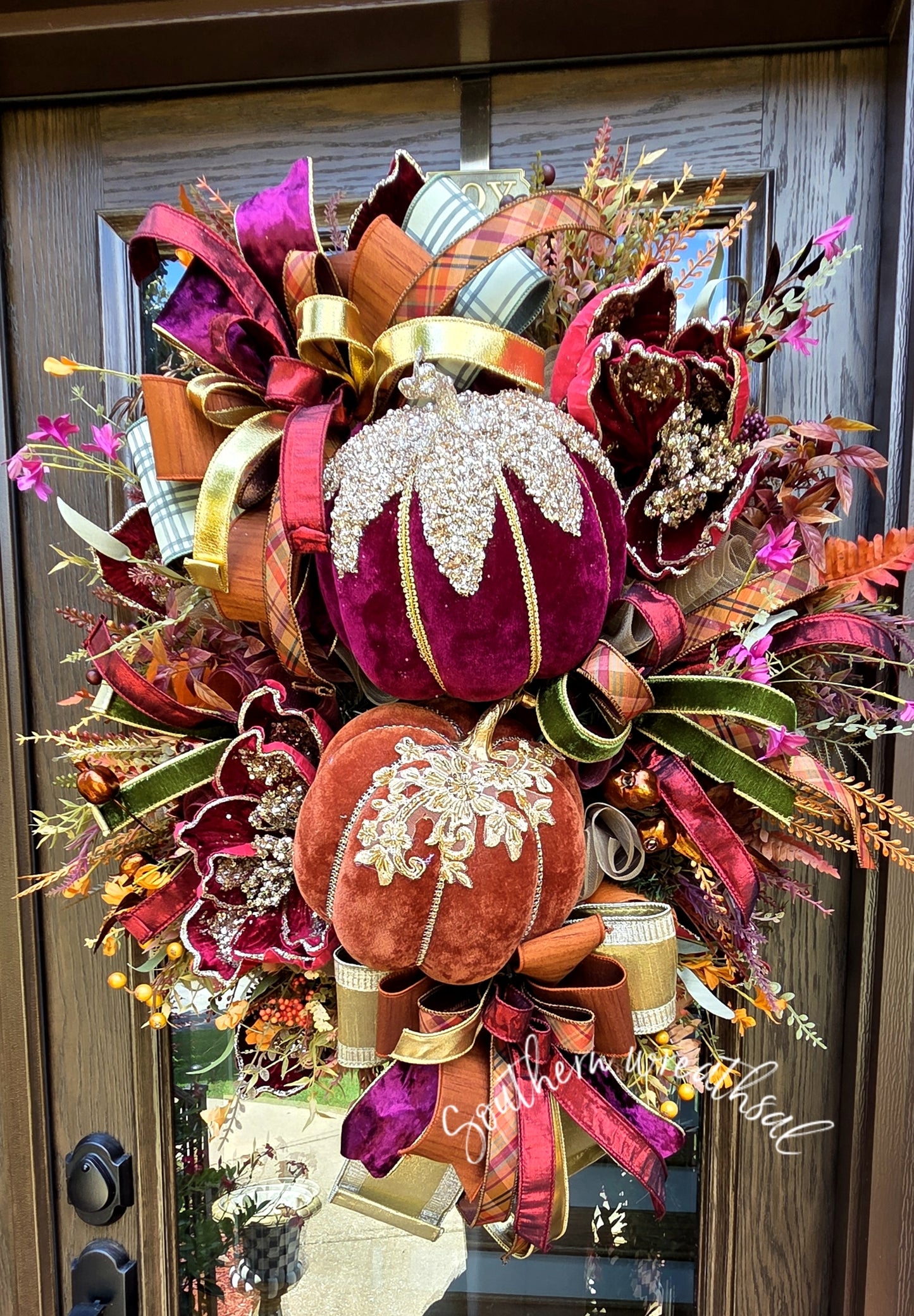 Double Velvet Pumpkin  Glam Fall Wreath-Burgundy & Orange