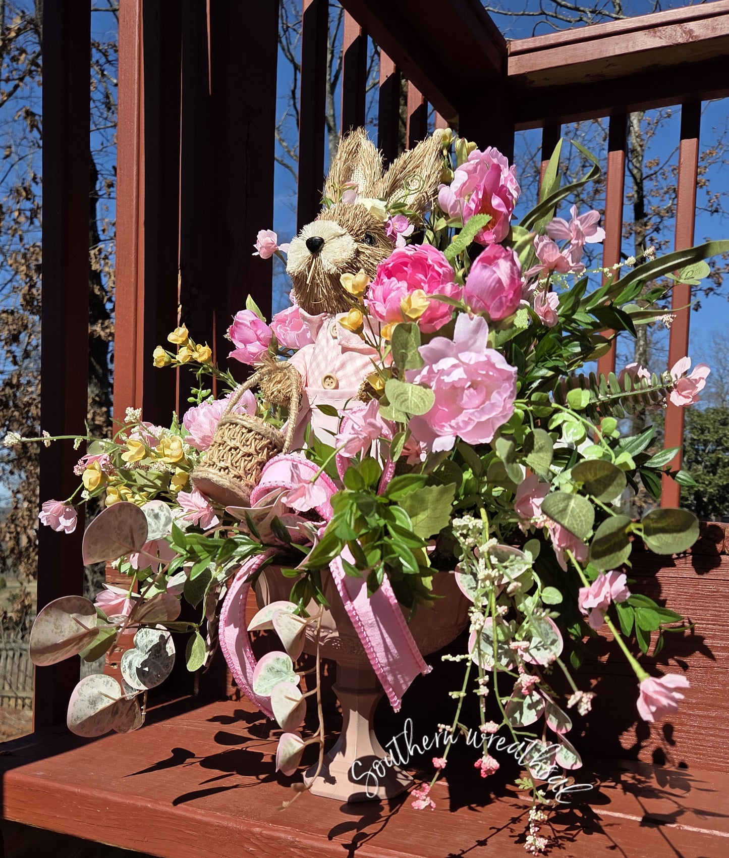 Easter Bunny Floral Centerpiece, Pink Peony Spring Decor Table Arrangement