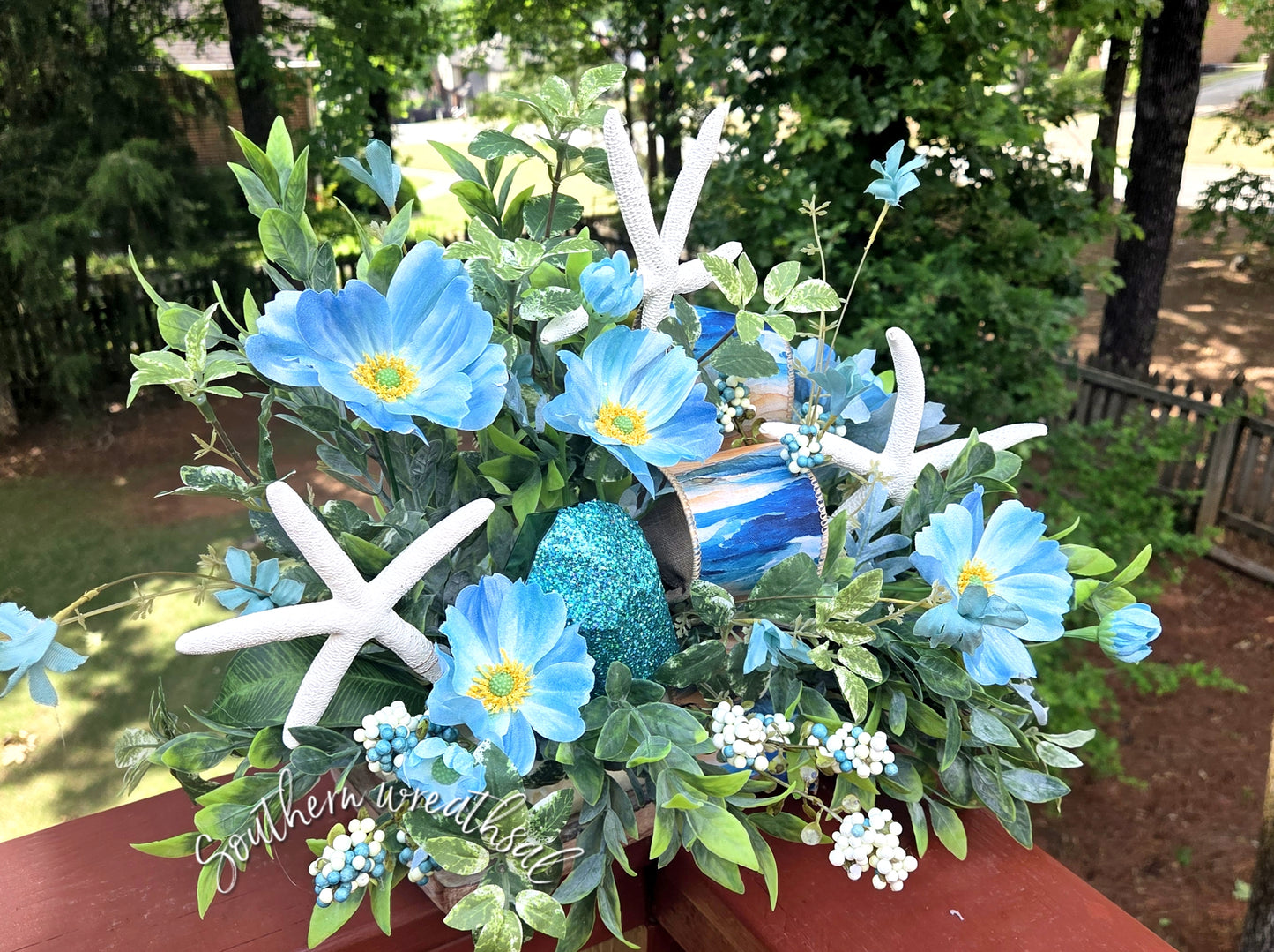 Coastal Blue Floral Dough Bowl Arrangement
